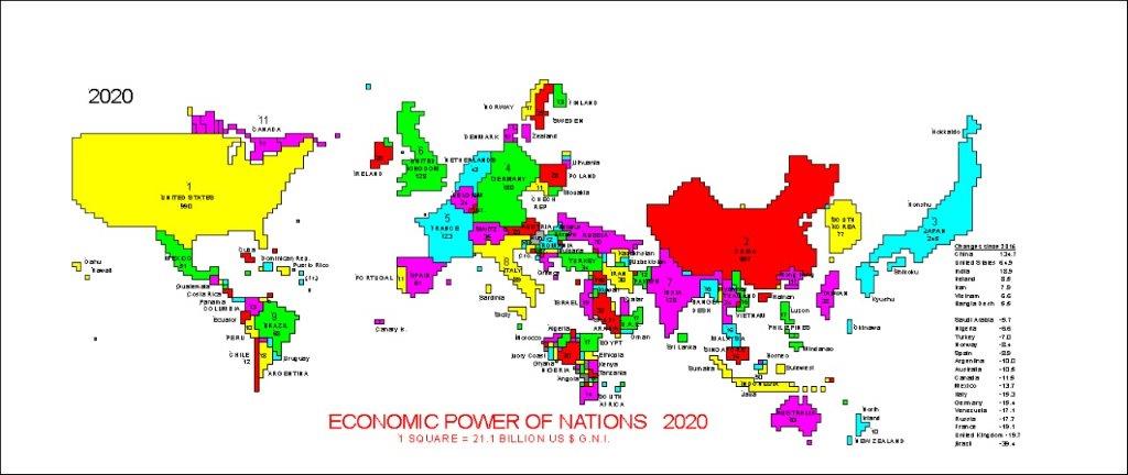 World Map 2020 of economic power of nations.